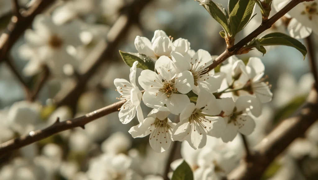 Flores de azahar blancas en un árbol de naranjo, símbolo de pureza y magia natural del agua de azahar.