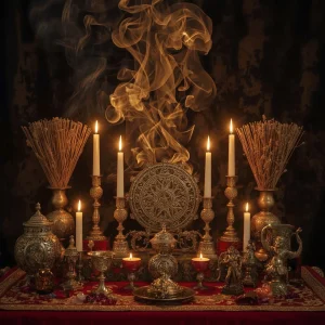 “Altar esotérico realizando el Ritual Protección del Hogar con velas e incienso de ruda, energía protectora.”
