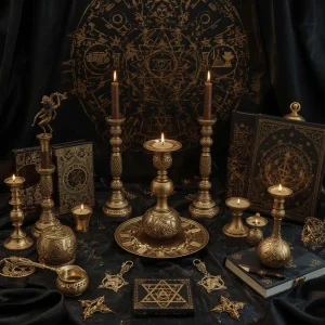 “Ritual Éxito y Oportunidades en proceso con elementos dorados y espacio místico profesional.”