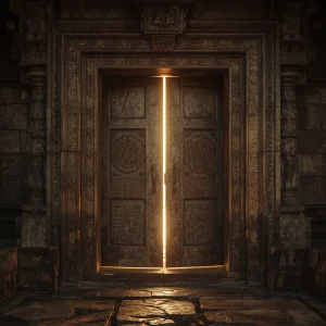 “Ritual Cierre de Ciclos representado como una puerta energética cerrándose con luz dorada.”