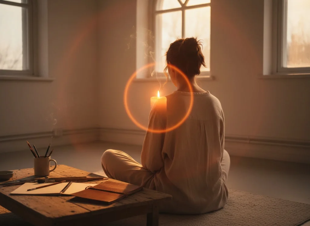 Persona meditando con vela naranja a la altura de los ojos, ambiente cálido e inspirador.