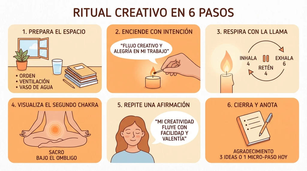 Infografía fotográfica: cinco pasos para meditar con vela naranja y activar la creatividad.