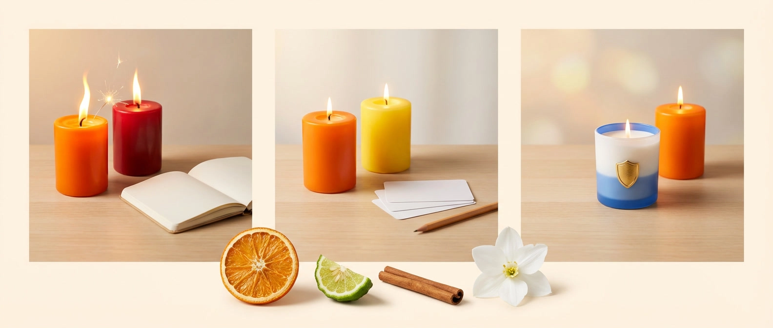 Tríptico con velas naranja+rojo (pasión), naranja+amarillo (claridad) y protección+naranja, con cítricos y canela como aromas