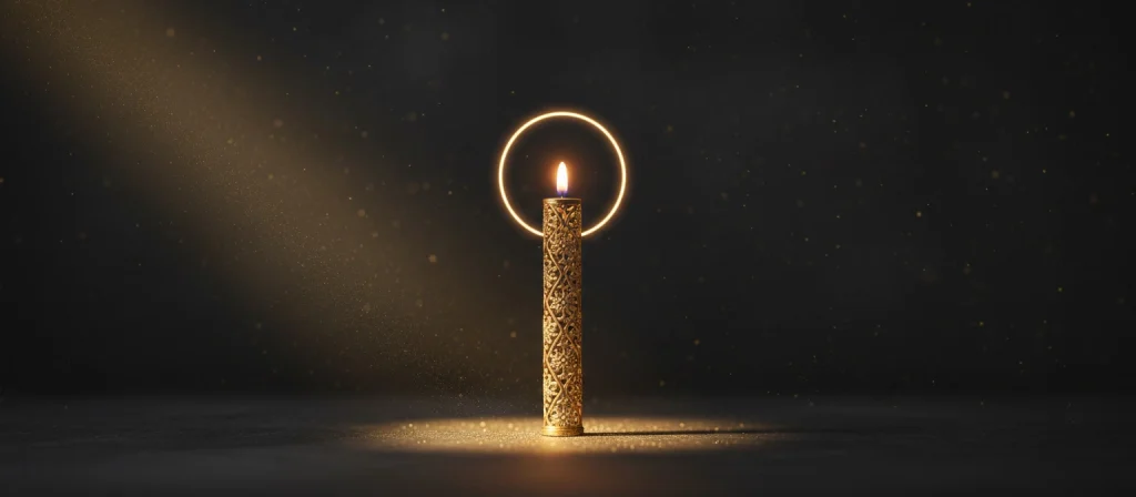 Vela dorada con halo cálido como símbolo de propósito.