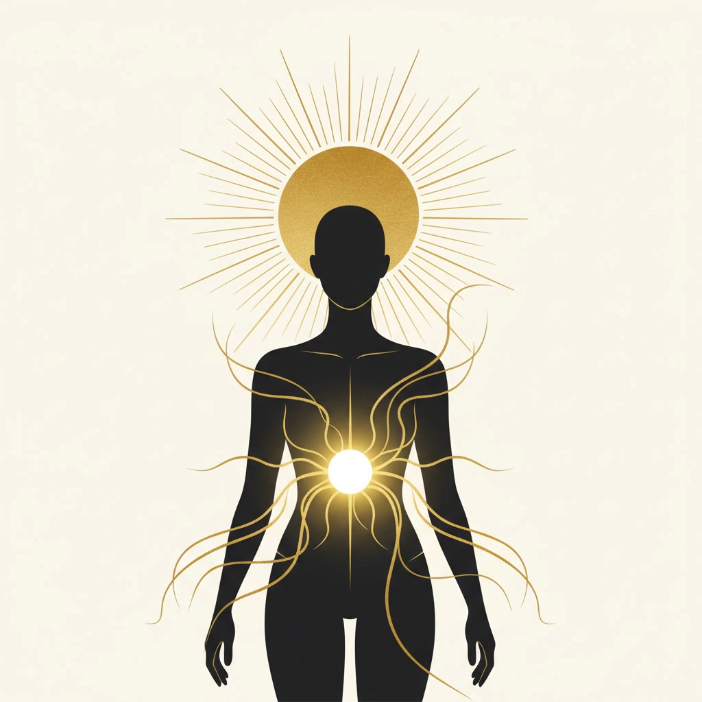 Ilustración del Sol iluminando el plexo solar, asociado a la vela dorada.