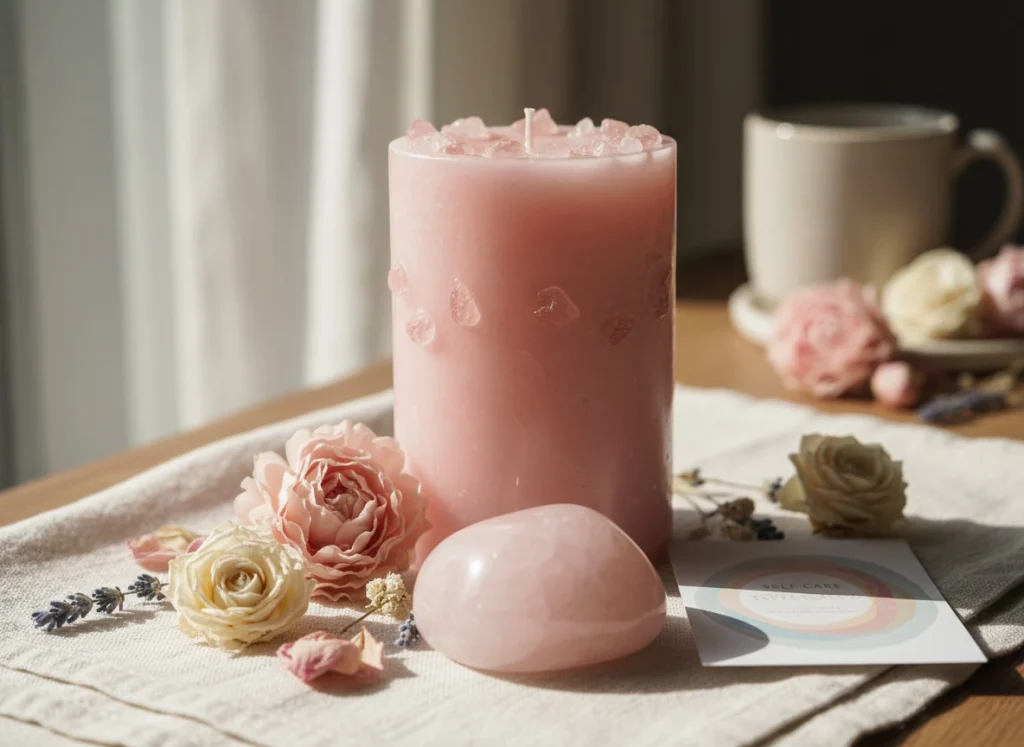 Vela rosa con cuarzo rosa y carta de autocuidado.
