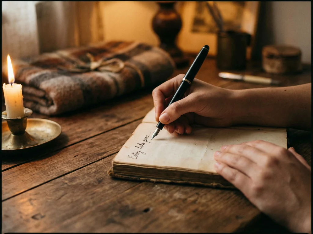 Escribir decretos afirmativos en un cuaderno junto a una vela