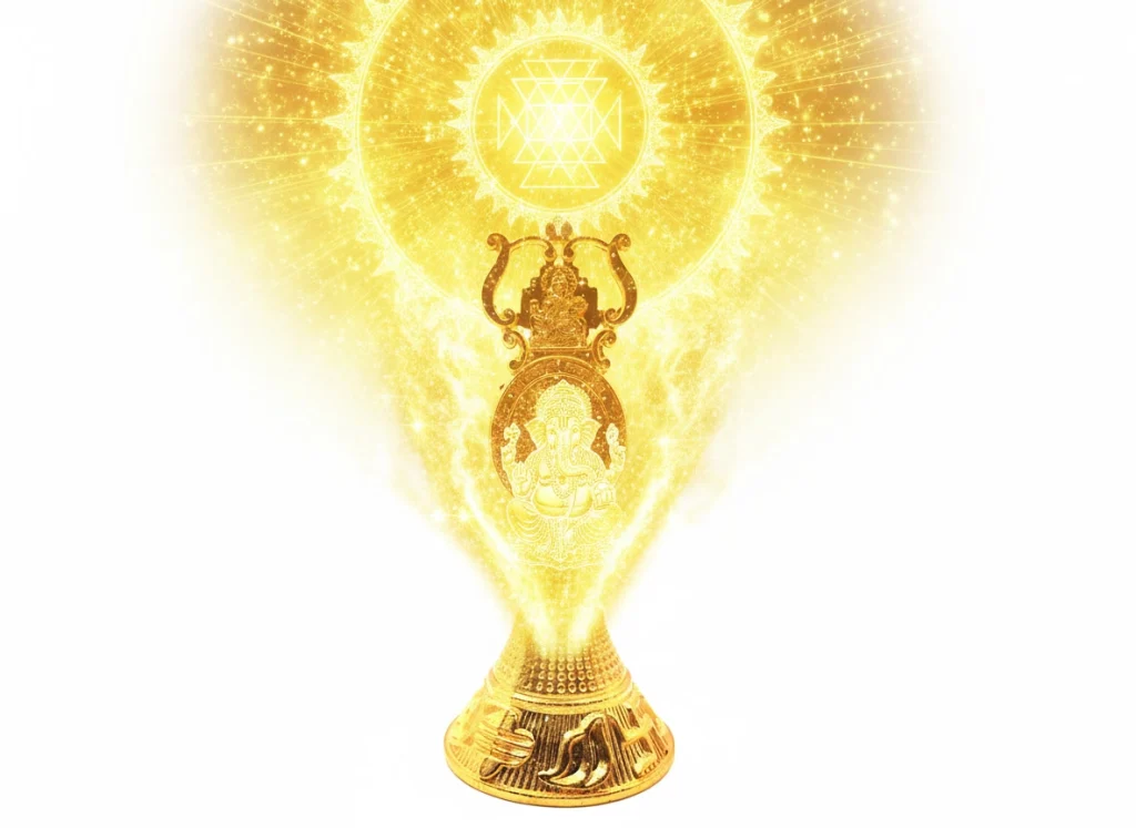 Energía dorada de Ganesha activándose desde la Campana Ganesha Dorada con yantra sagrado, herramienta esotérica para rituales y altares sagrados
