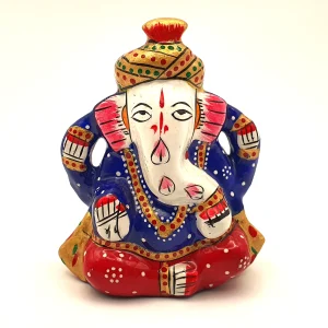 Figura Ganesha de 3 Metales pequeña con turbante tradicional, energía espiritual en tonos azul, rojo y dorado, importada de la India.