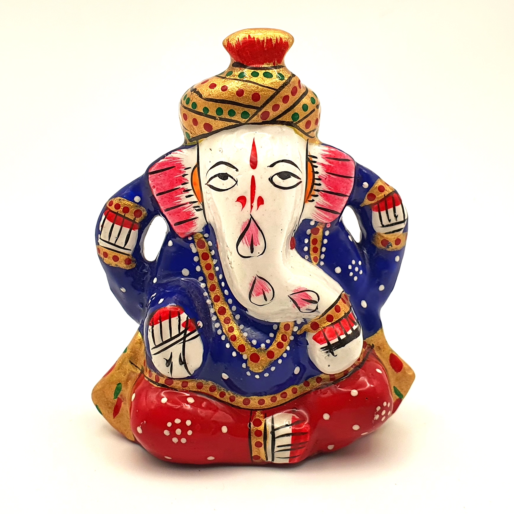 Figura Ganesha de 3 Metales pequeña con turbante tradicional, energía espiritual en tonos azul, rojo y dorado, importada de la India.