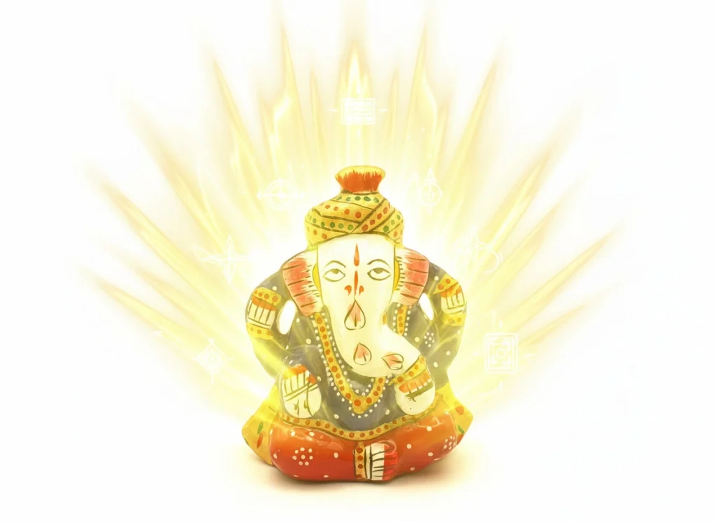 Figura Ganesha de 3 Metales con turbante irradiando claridad, dirección interior y protección energética con aura dorada.