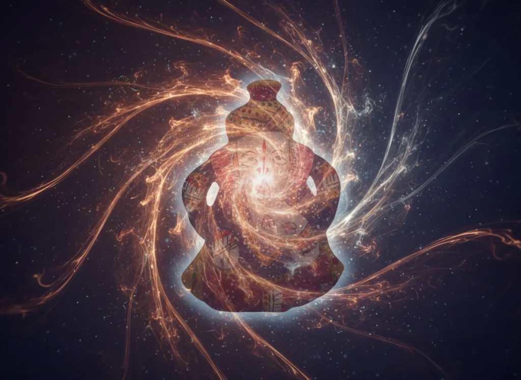 Ilustración mística de los tres metales sagrados de la Figura Ganesha de 3 Metales con turbante, cobre latón y metal plateado fusionando su energía.