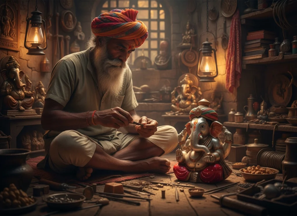 Artesano indio elaborando una Figura Ganesha de 3 Metales con turbante pequeño, proceso artesanal tradicional con intención espiritual.