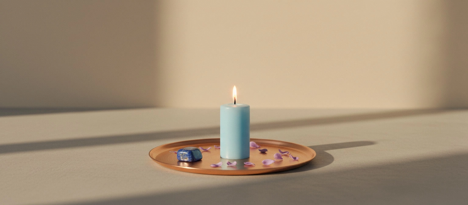 Vela azul celeste encendida sobre bandeja de cobre con lapislázuli y flores lila
