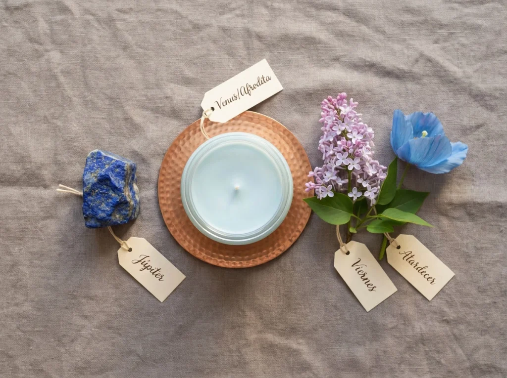 Flat lay de vela azul celeste con lapislázuli, cobre y flores lila (correspondencias)