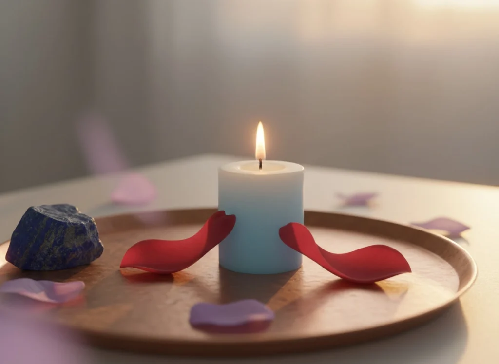 Vela azul celeste con dos pétalos como símbolo de reconciliación y comunicación en parej