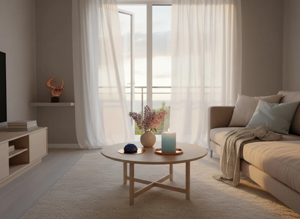 ela azul celeste en salón ordenado y ventilado para armonía familiar