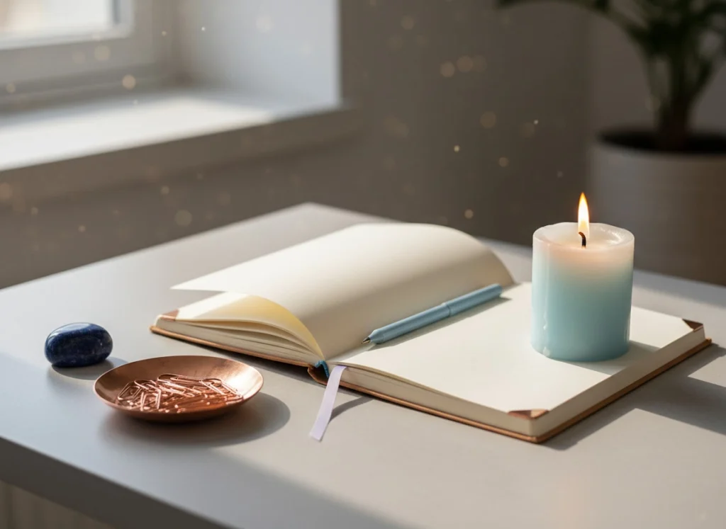 Vela azul celeste junto a cuaderno para favorecer concentración y memoria