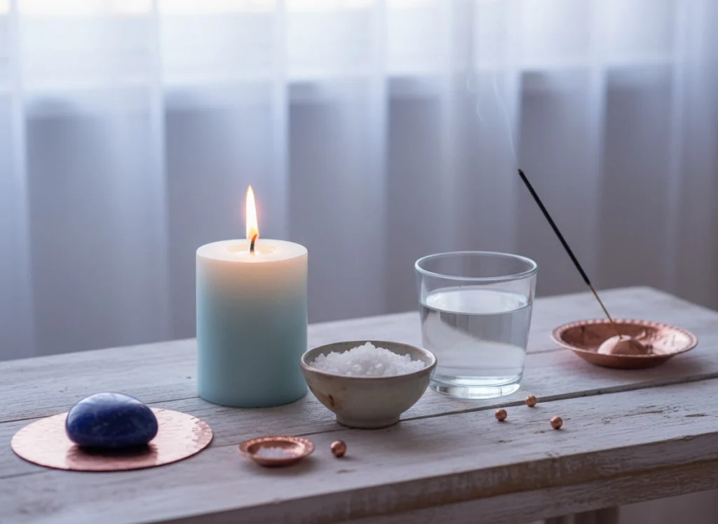 Ritual suave de limpieza con vela azul celeste, sal marina y vaso de agua