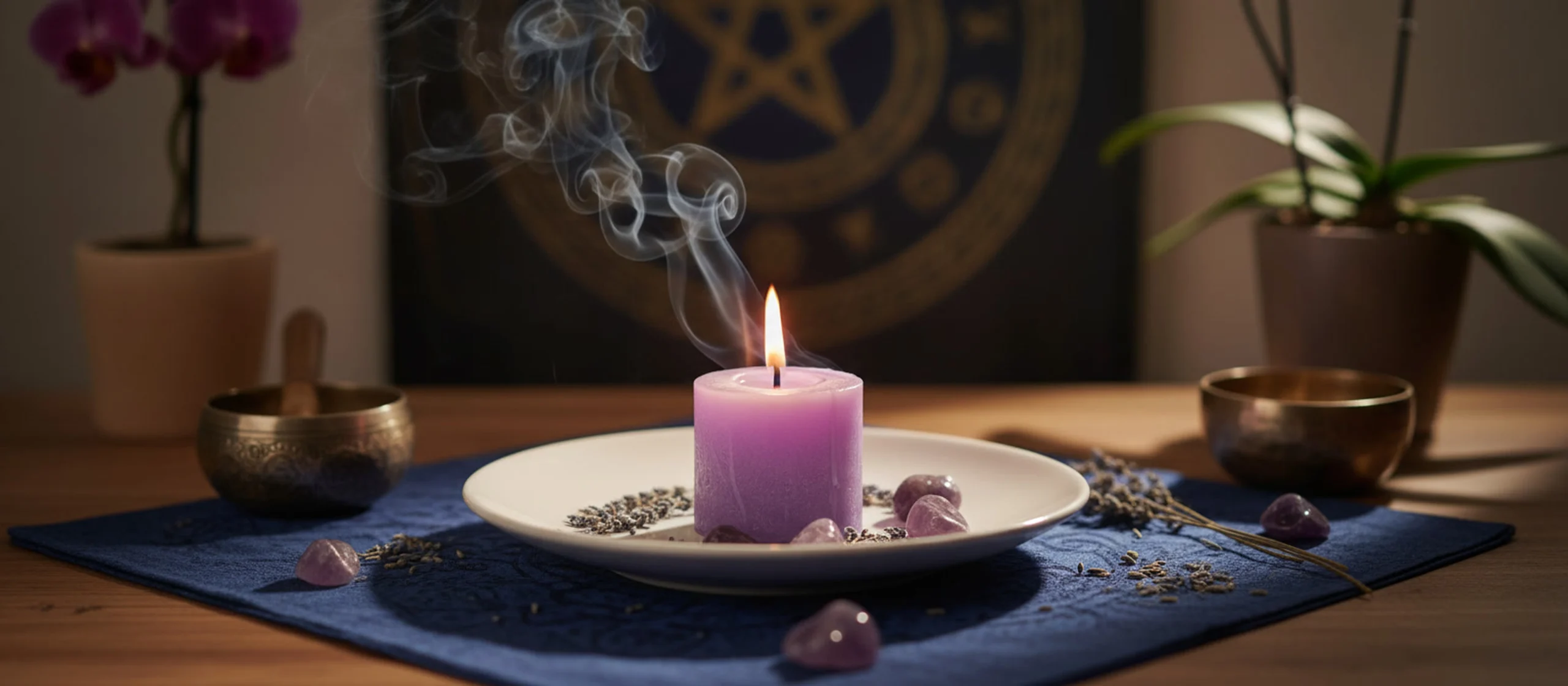 Vela morada encendida con energía espiritual y ambiente de meditación