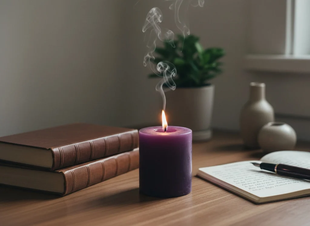 Vela morada para concentración, estudio y claridad mental