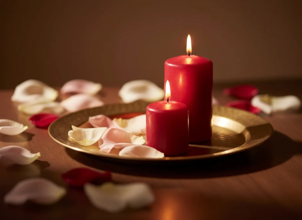 Dos velas rojas sobre bandeja con pétalos desenfocados y luz íntima.