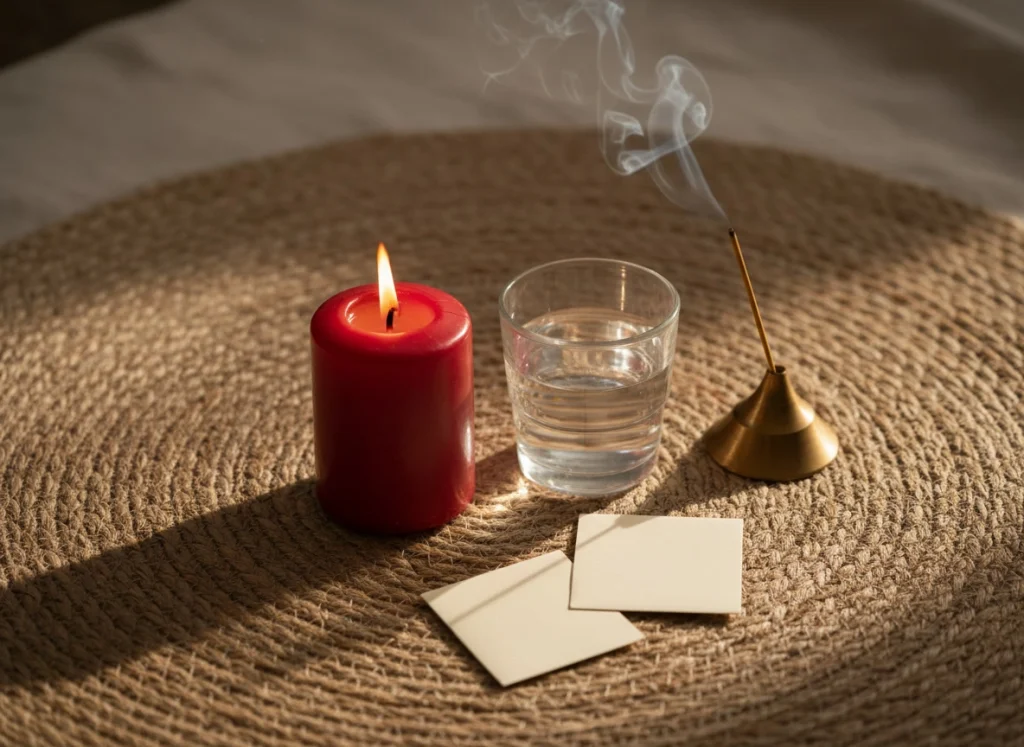 Disposición ritual con vela roja, vaso de agua y dos papeles doblados.