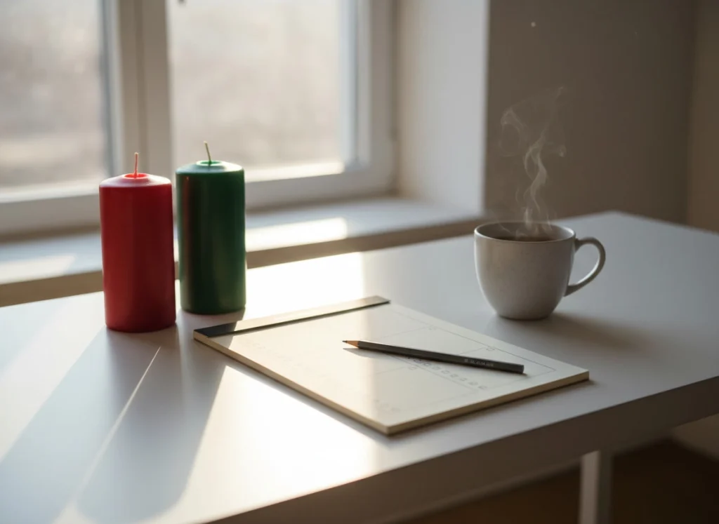 Vela roja y verde junto a bloc de notas en escritorio luminoso.