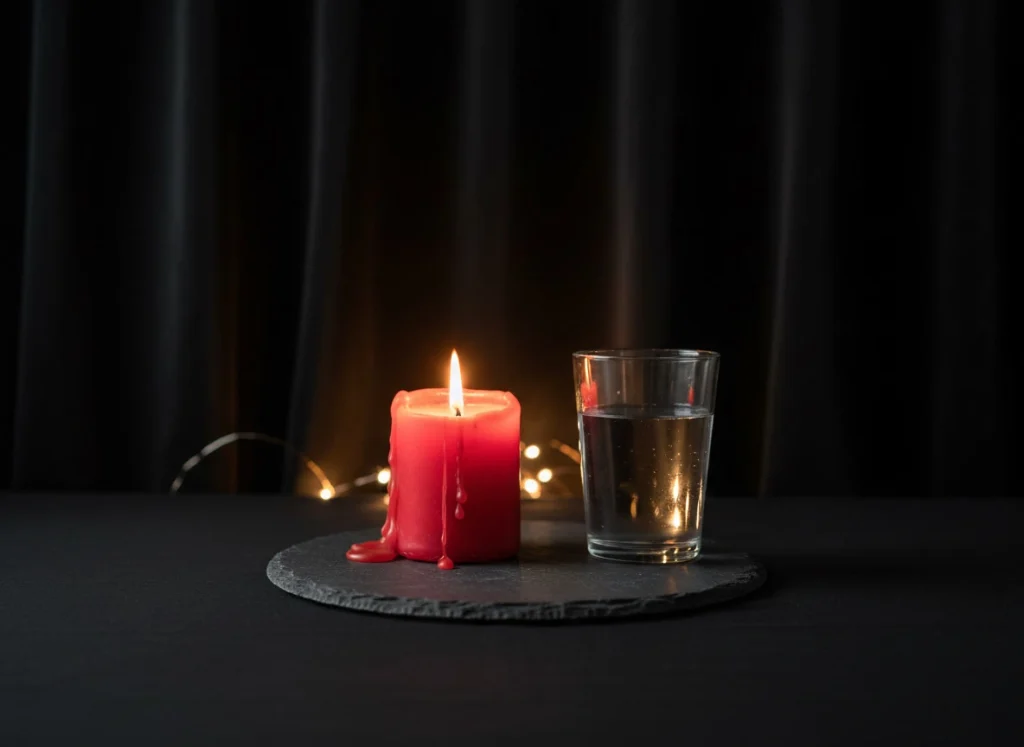 Vela roja en platillo ignífugo junto a vaso de agua en mesilla.
