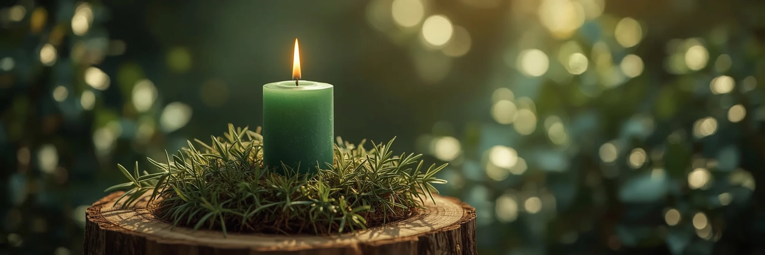 Vela verde encendida sobre musgo con laurel y romero a la luz de la mañana