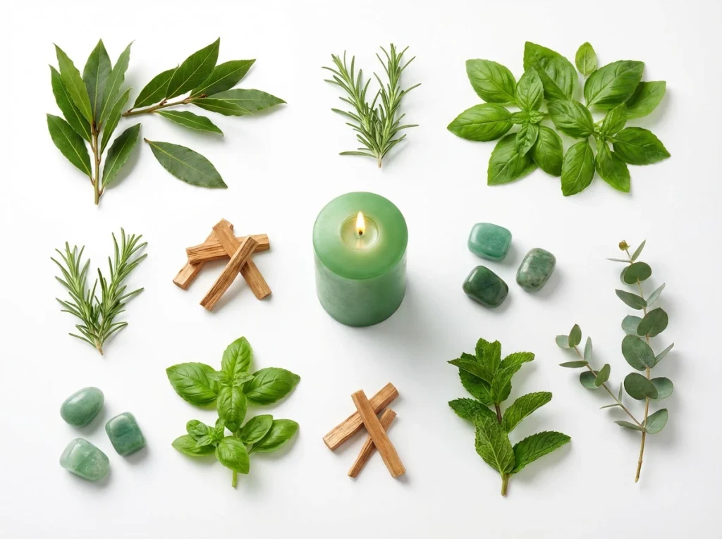Vista cenital de hierbas, aceites y cristales que potencian la vela verde.