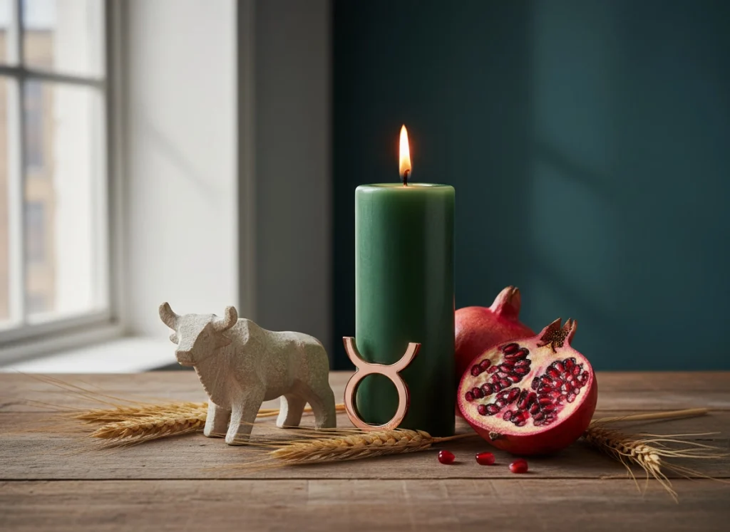 Bodegón simbólico: vela verde con referencias sutiles a Venus, Tauro y abundancia