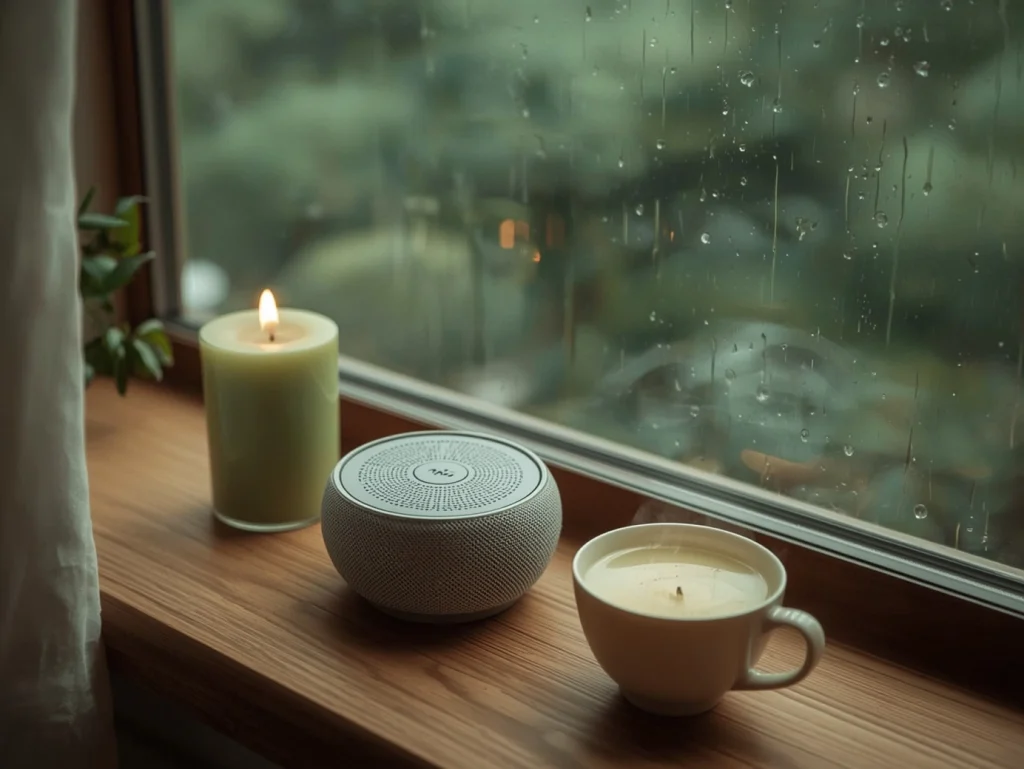 Vela verde junto a ventana con lluvia y una taza de infusión para un ambiente de calma.