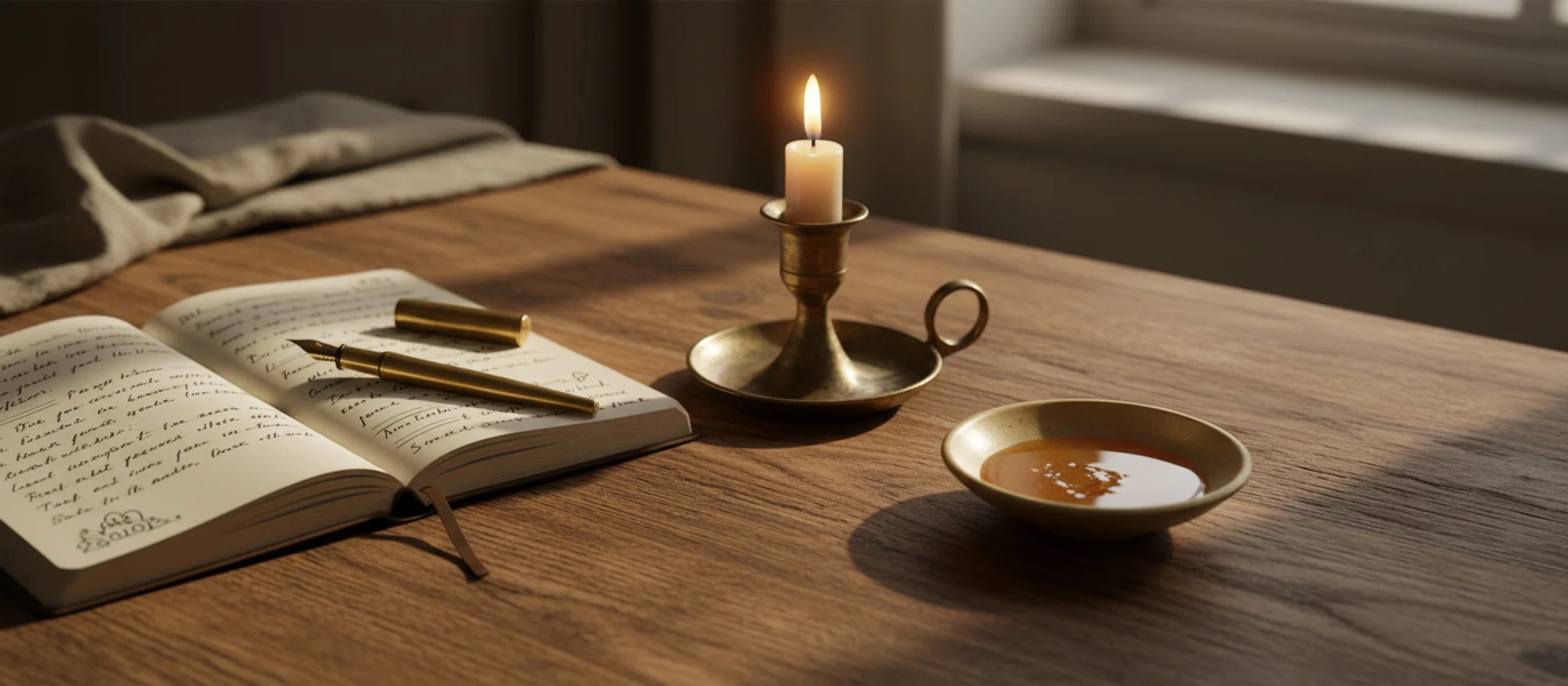 Lectura de velas en ceromancia: vela encendida junto a un cuaderno de registro para interpretar llama, humo y cera.