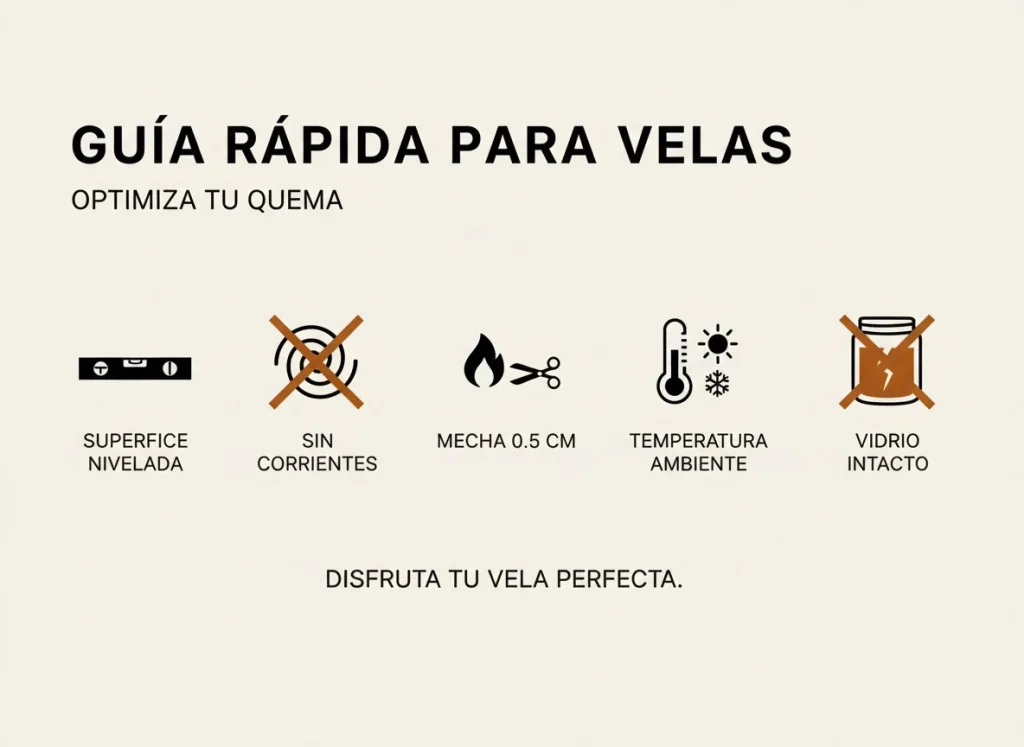 Checklist técnico para lectura de velas: superficie nivelada, sin corrientes de aire, mecha correcta y vaso intacto antes de interpretar señales