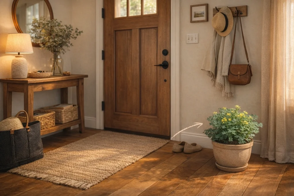 Maceta de ruda situada a la derecha de quien entra por la puerta