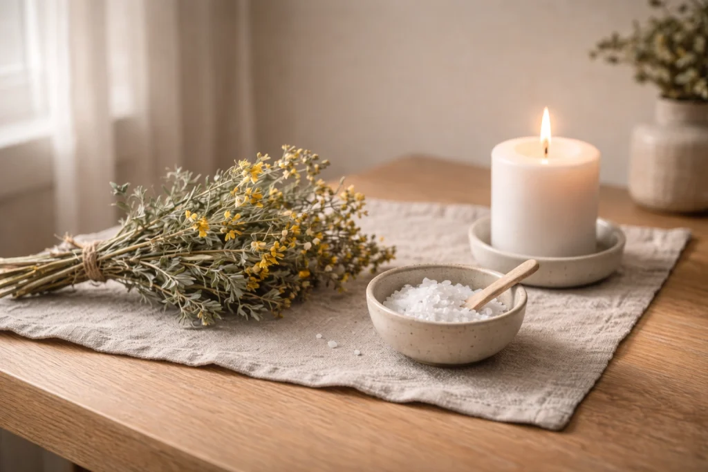 Cuenco con sal y ruda seca, y vela blanca encendida para sellar la limpieza.
