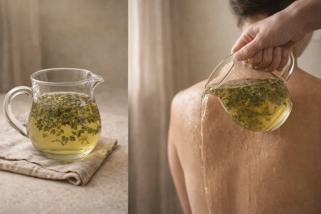 Infusión de ruda en jarra y manos vertiendo el agua desde la nuca hacia abajo