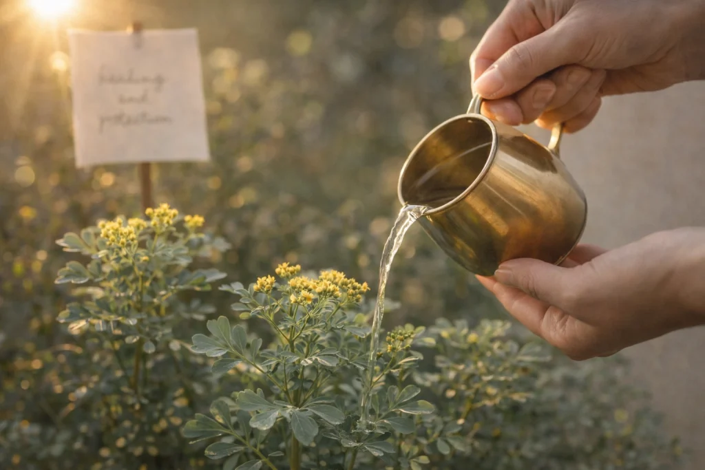 Manos regando una ruda con luz de tarde y gesto de intención