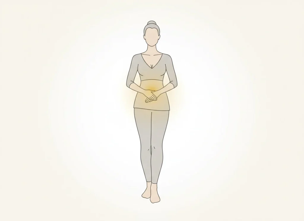 Persona erguida con postura segura y un brillo suave en el plexo para representar poder personal y voluntad