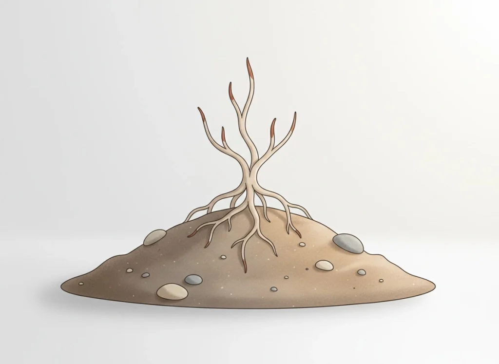 Ilustración del elemento tierra con piedras y suelo firme para representar estabilidad y enraizamiento