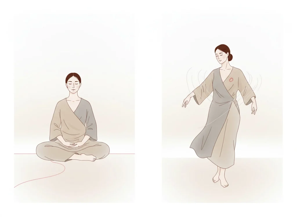 Dos escenas suaves que contrastan estabilidad y agitación para representar equilibrio y desequilibrio del chakra raíz