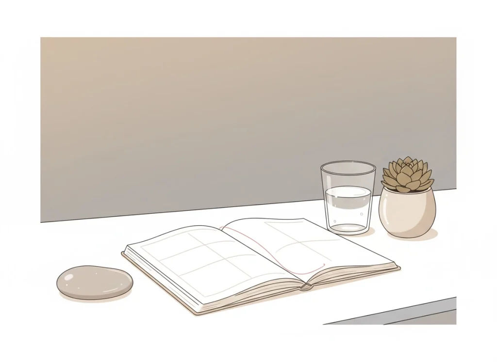 Mesa ordenada con agenda y elementos simples que representan hábitos y estabilidad del chakra raíz
