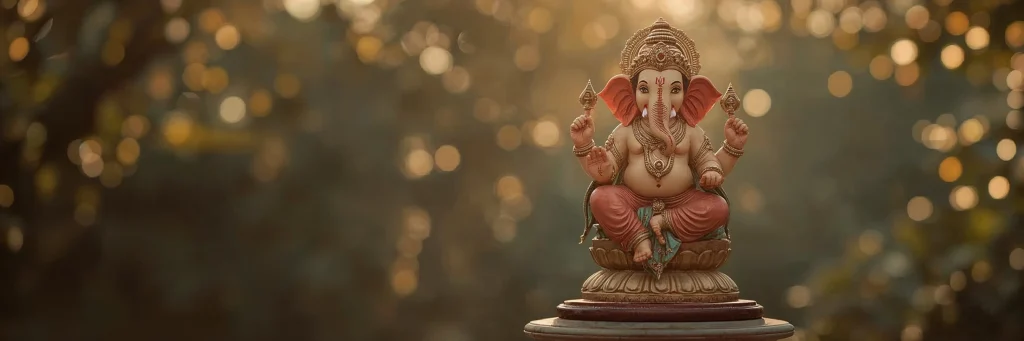 Ganesha sentado con atributos simbólicos en luz cálida