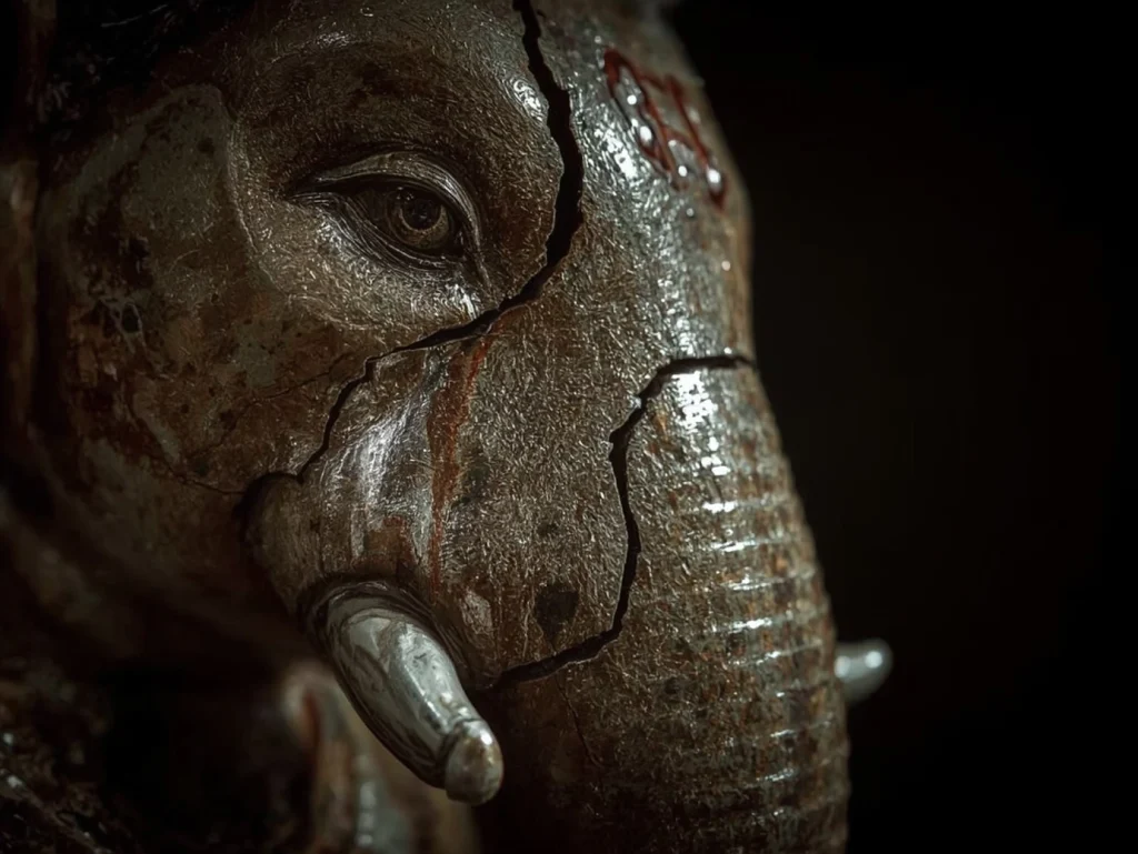 Primer plano del colmillo roto de Ganesha.