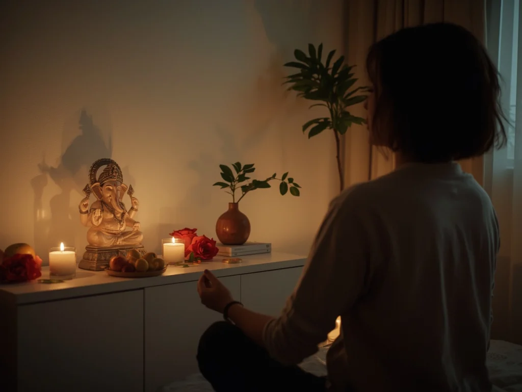 Persona meditando ante una imagen sencilla de Ganesha.