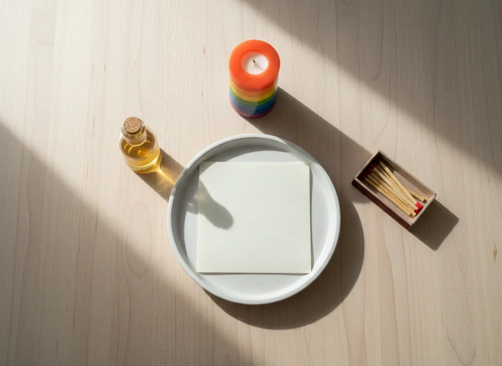 Montaje básico: plato blanco, papel de intención, aceite y cerillas