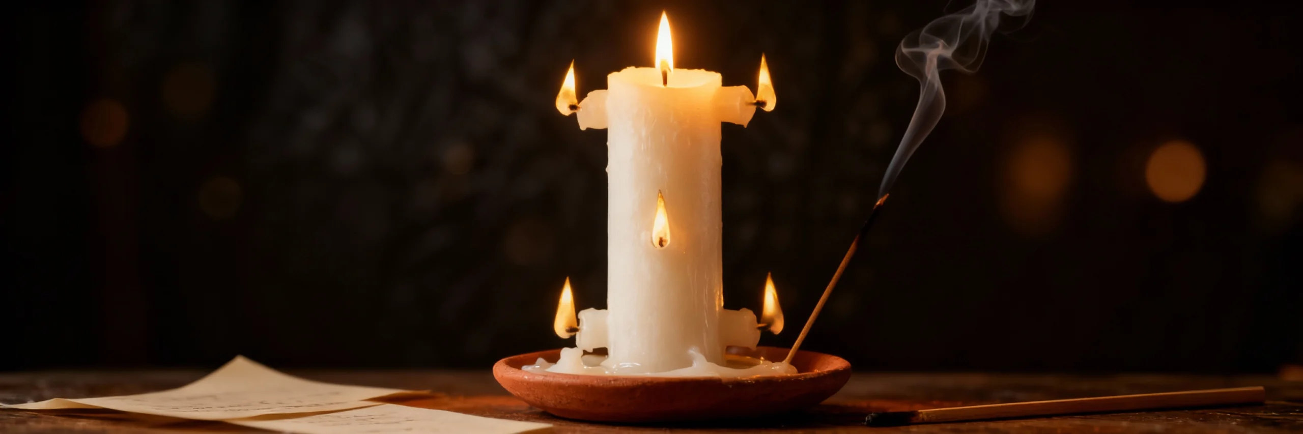 Velón de 7 mechas encendido sobre cazuela de barro en altar minimalista.