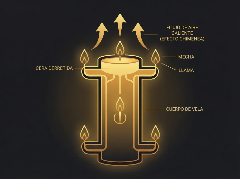 Infografía del efecto chimenea en un velón de 7 mechas.