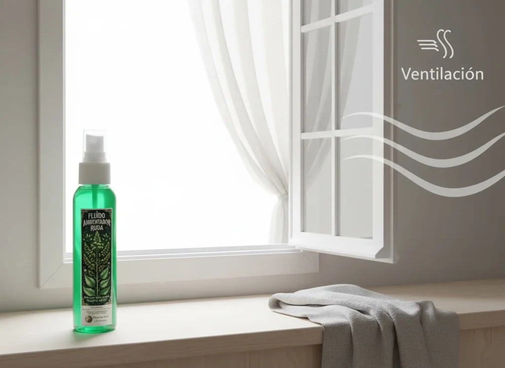Ambientador de ruda en un entorno ventilado, imagen asociada a precauciones de uso.